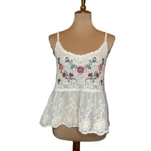 Altar'd State White Crocheted Floral Embroidered Peplum Camisole